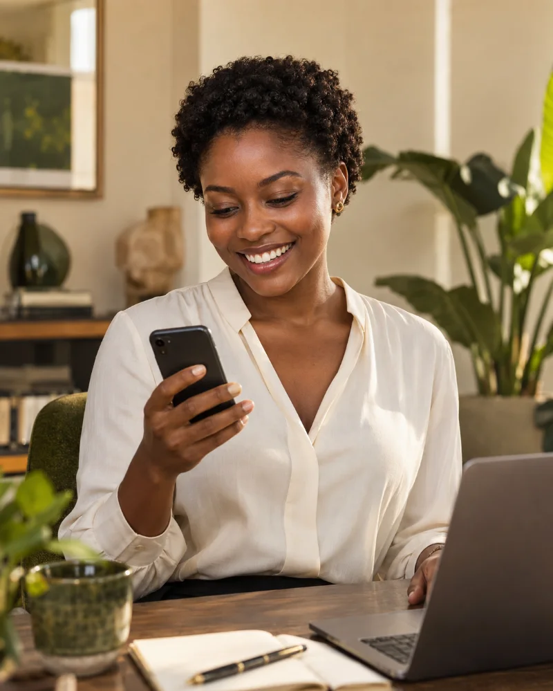 An African entrepreneur smiling as she connects with a customer on her phone